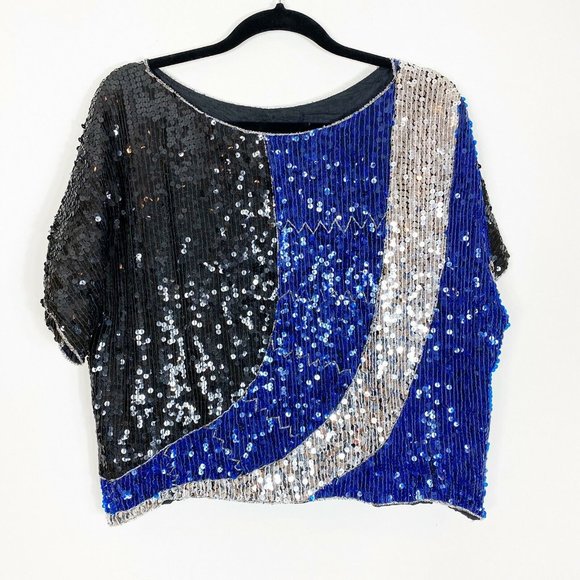 J.L.B. Sequined Top 100% pure Silk lining Vintage crop top blouse - Picture 2 of 7